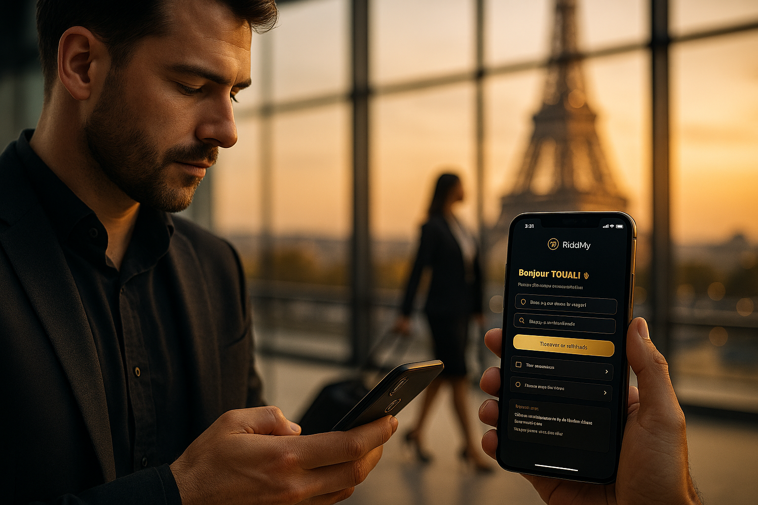 Homme regardant son téléphone pour réserver Ride My Way près de la tour Eiffel